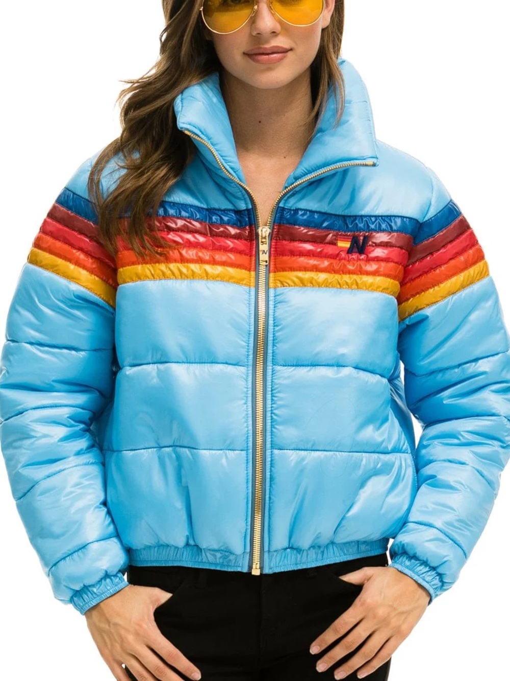 Light Blue Kids Puffer Jacket with Rainbow Stripe